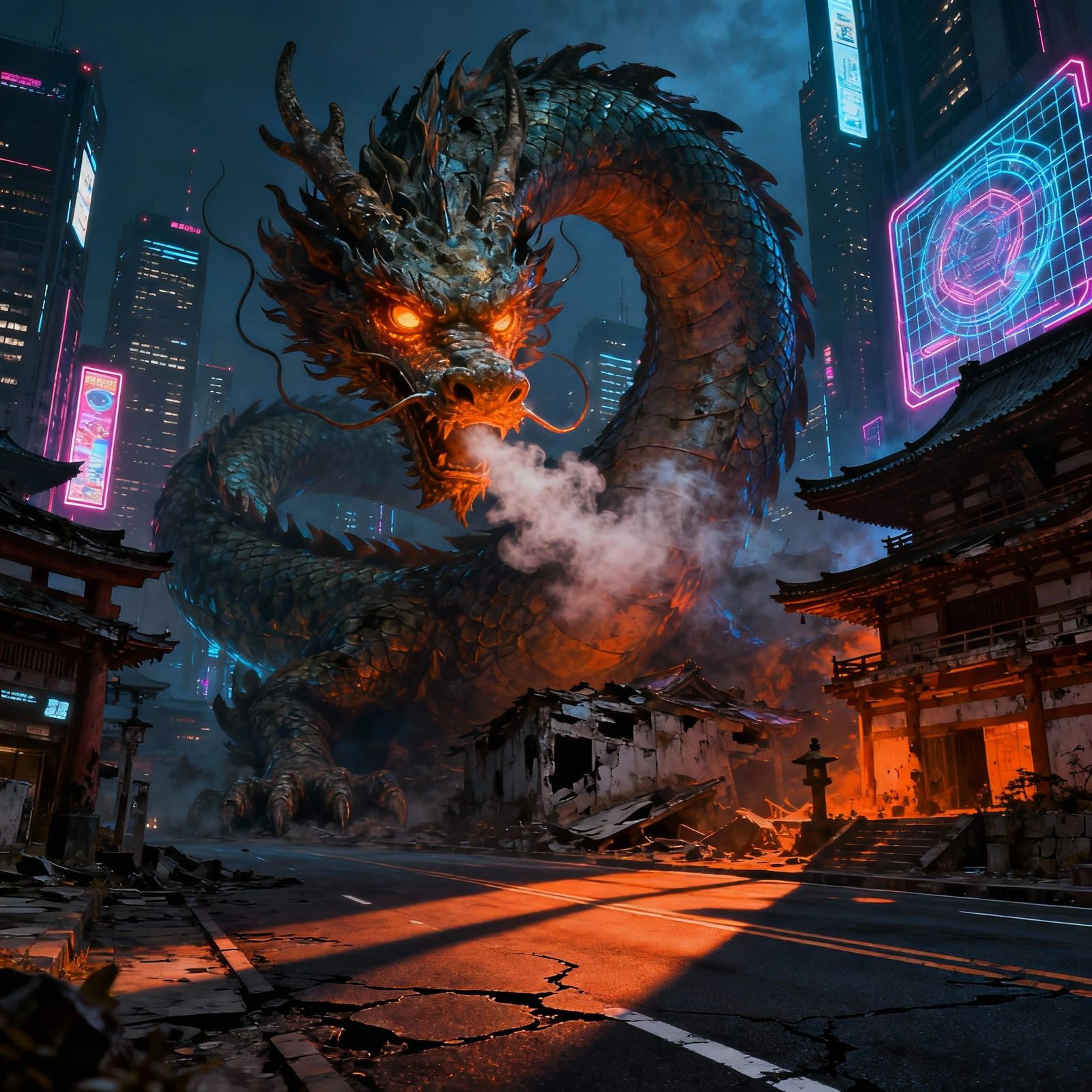 Ancient Dragon Awakens in Neo-Kyoto Cityscape