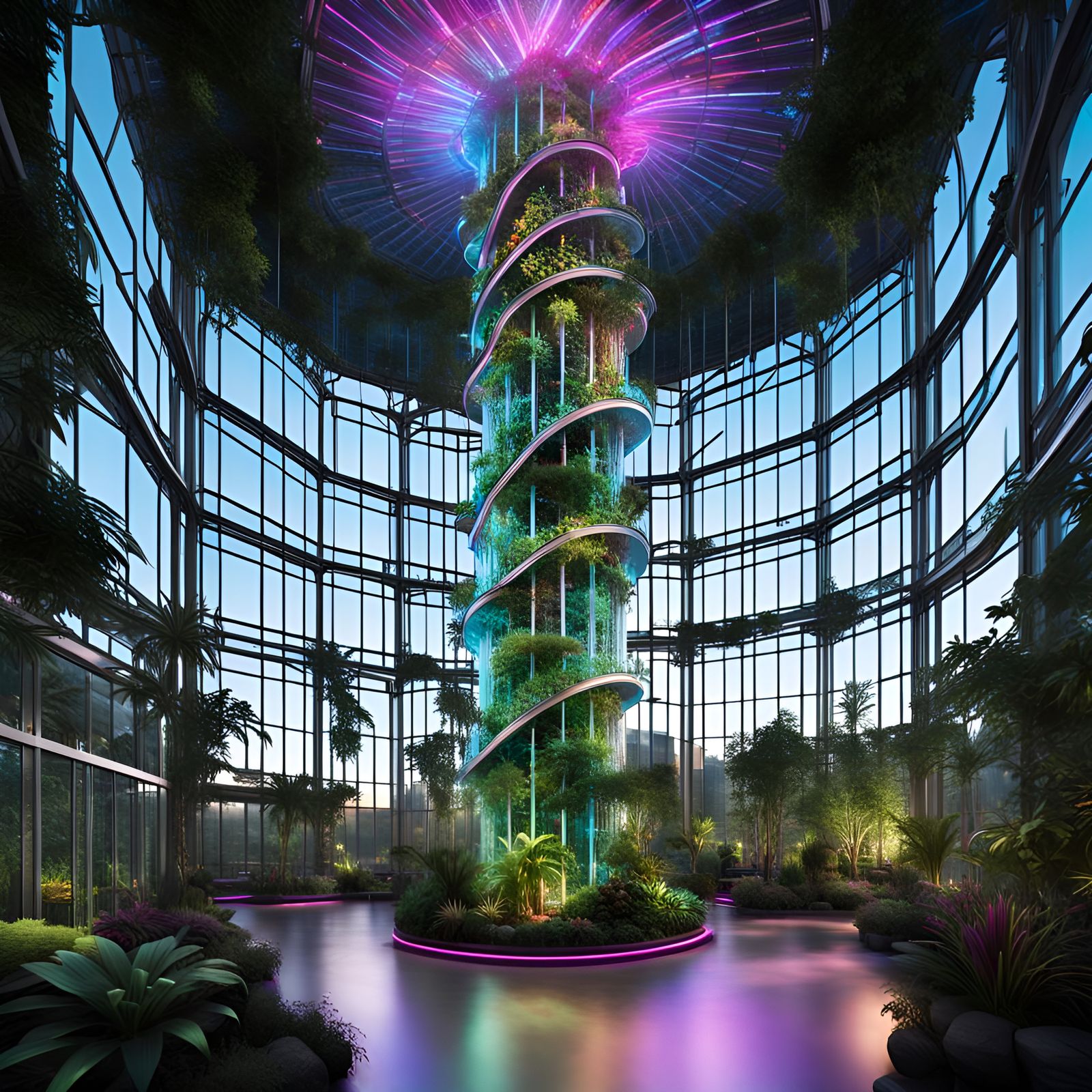 Bioluminescent Tower Interior with Lush Greenhouse