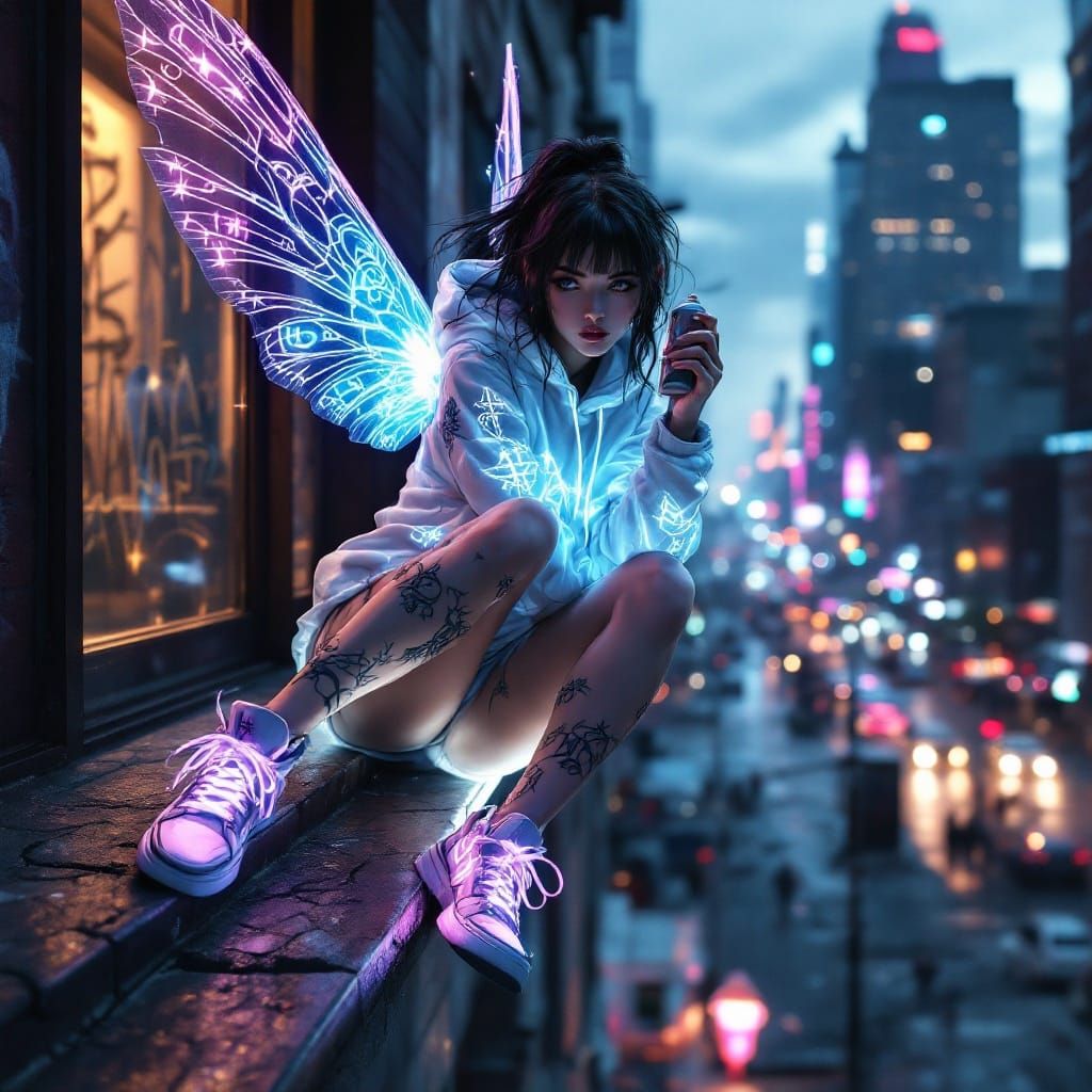 Modern Fairy in Glowing Hoodie, Streetwise Beauty with Futur...