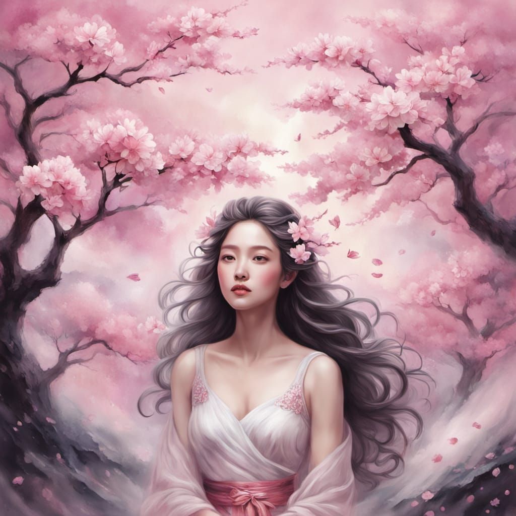 Cherry Blossom Goddess Emerges in Pink Landscape