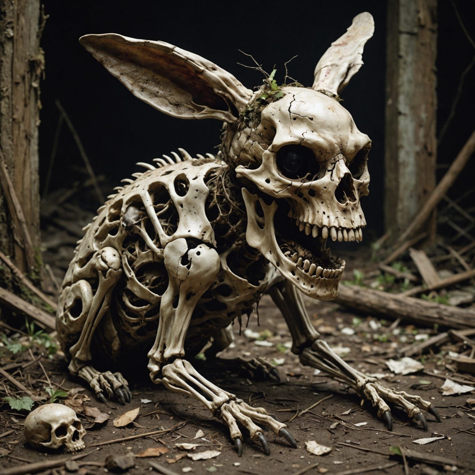 Grotesque, Rotting Pooka with Human Skull Face and Rabbit Bo...