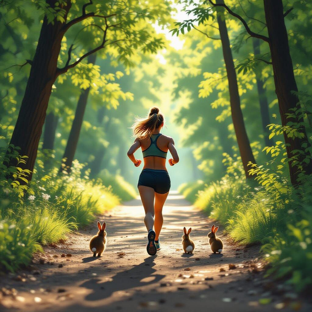 Athletic Woman Sprinting on Forest Trail with Woodland Creat...