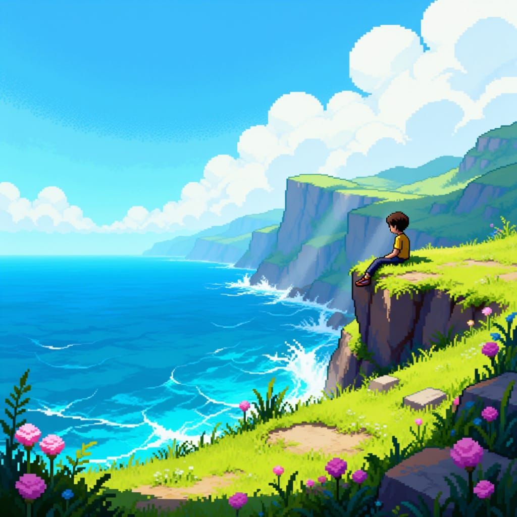 Pixel Art Boy on Cliff Overlooking Ocean