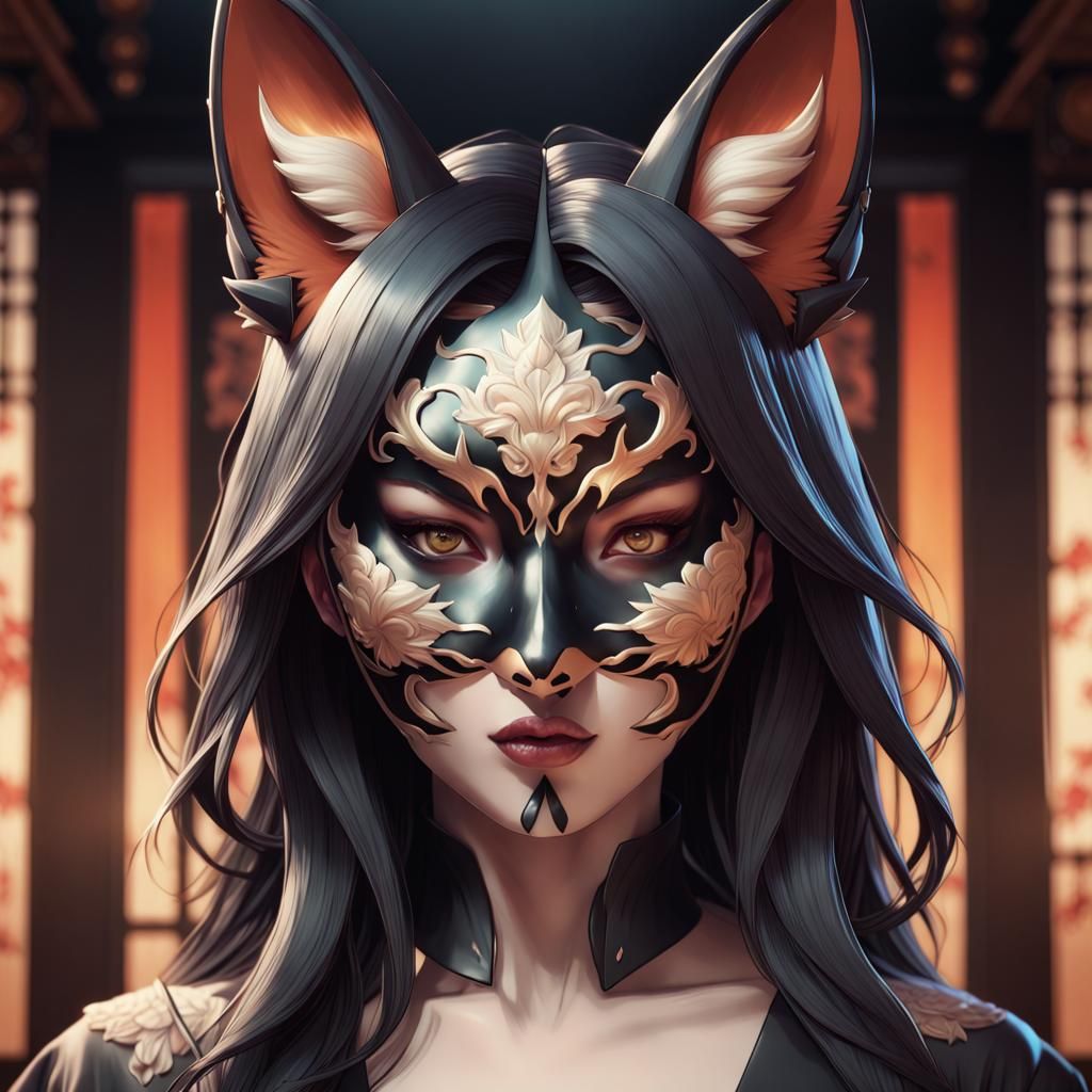 Intricate Portrait of Woman in Kitsune Mask
