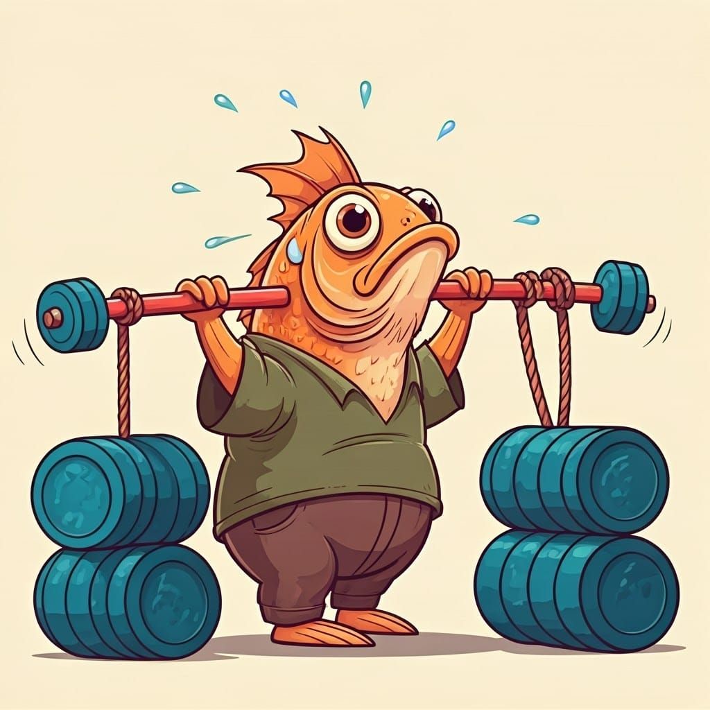 Cartoon Fish Lifter in Humorous Gym Scene