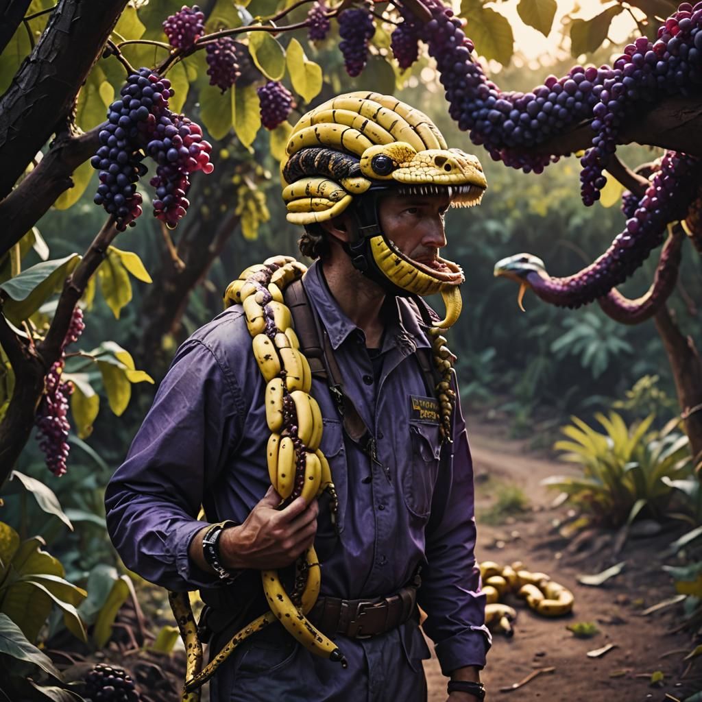 Hyper-Realistic Banana Man with Snake in Cinematic Lighting