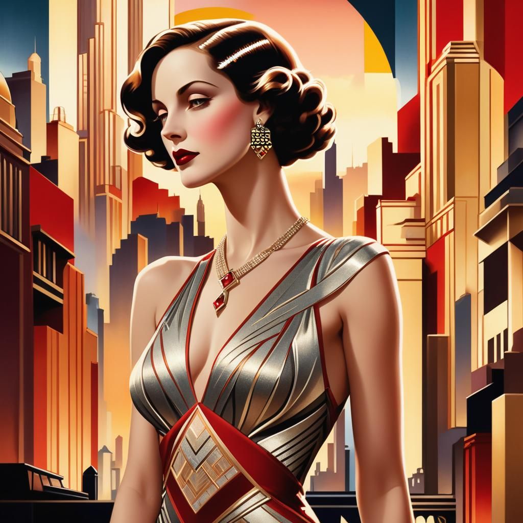 Glamorous Art Deco Actress in Cityscape Poster