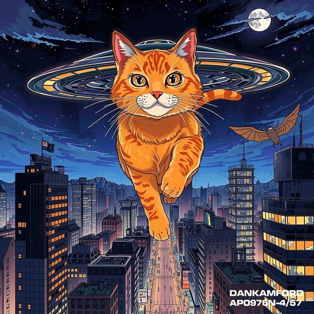 Glowing Orange Cat Soars over Night City in Vibrant Anime St...