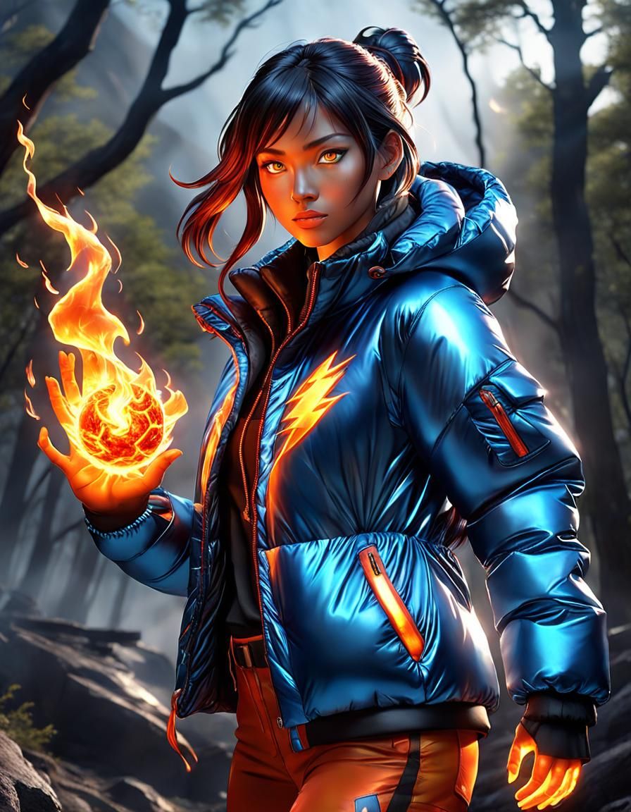 Cool modern fire tribe girl with (shiny nylon puffy down jac...