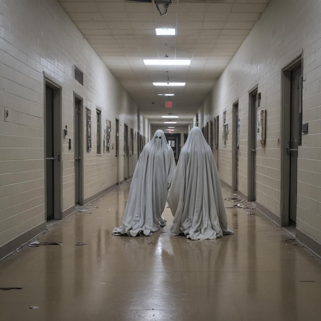 Ghostly Figure in Abandoned School Hallway