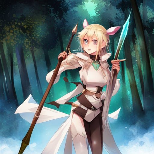 Green Elf Warrior in Anime Style Forest