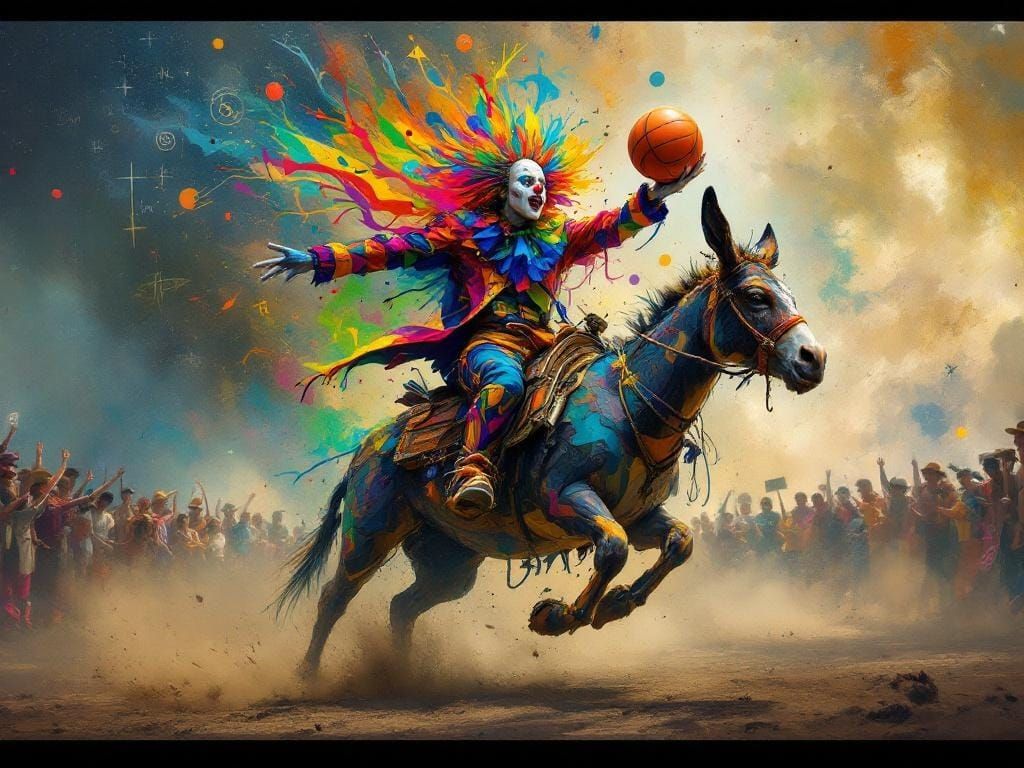 Rodeo Clown on Donkey in Abstract Expressionist Style
