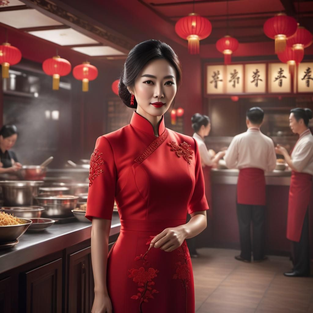 Wealthy Chinese Woman in Restaurant Kitchen