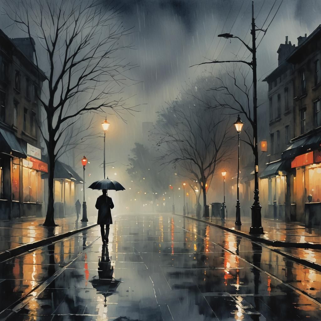 Impressionist Night Street Scene with Figure