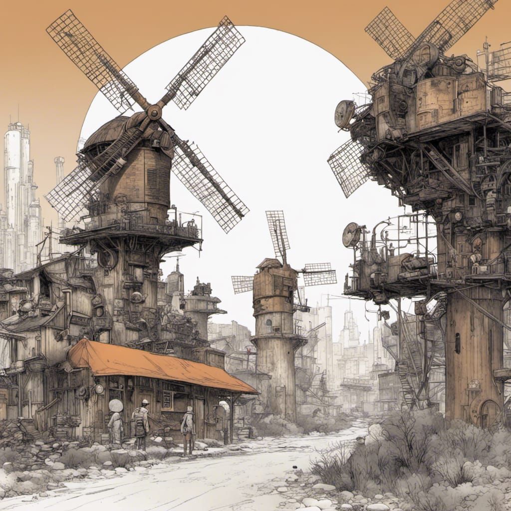Whimsical Windmills: Solarpunk Sketch in Pencil and Ink