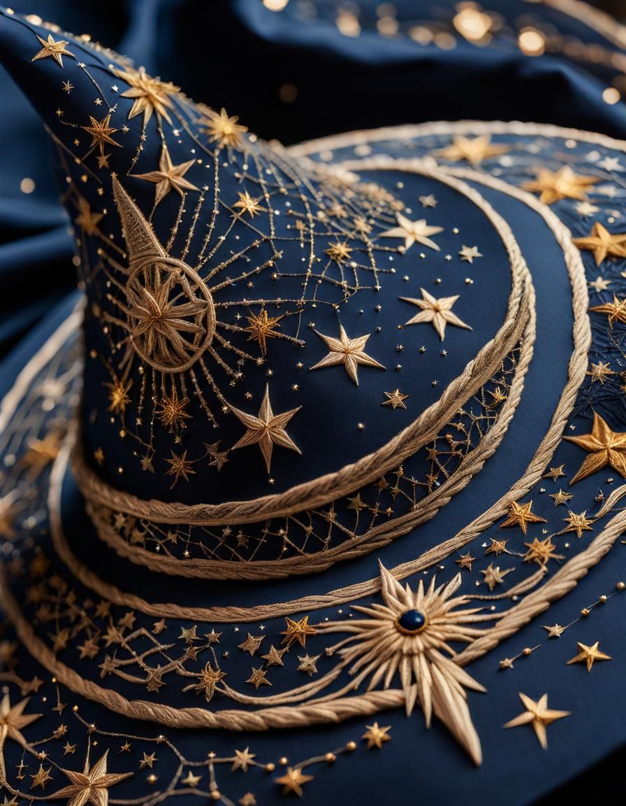 Embroidered Witch Hat with Golden Stars and Moons