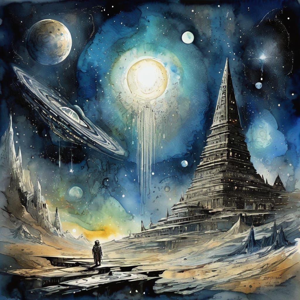 Ethereal Sci-Fi Deity in Watercolor and Ink
