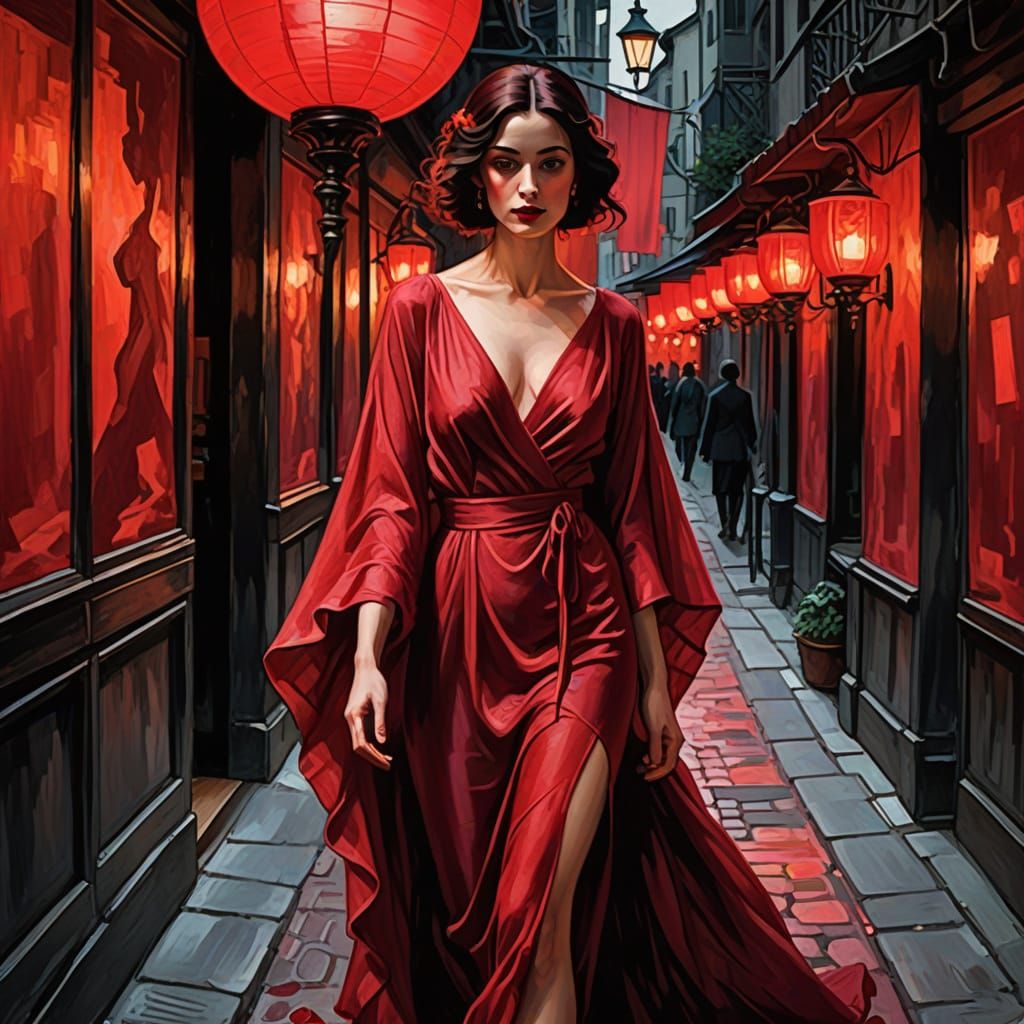 Crimson Masterpiece: Woman in Red Gown Amidst Red Light Dist...