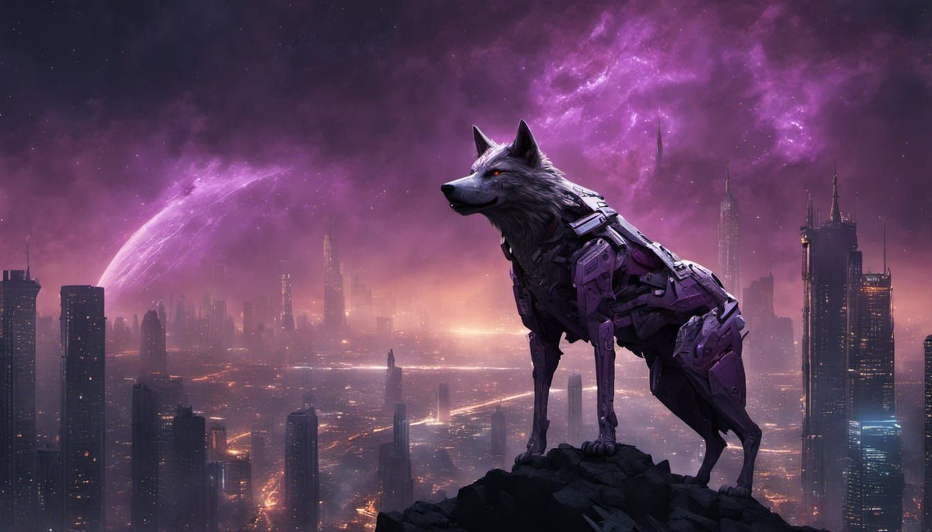 Cyberpunk Wolf Protector in Post-Apocalyptic City