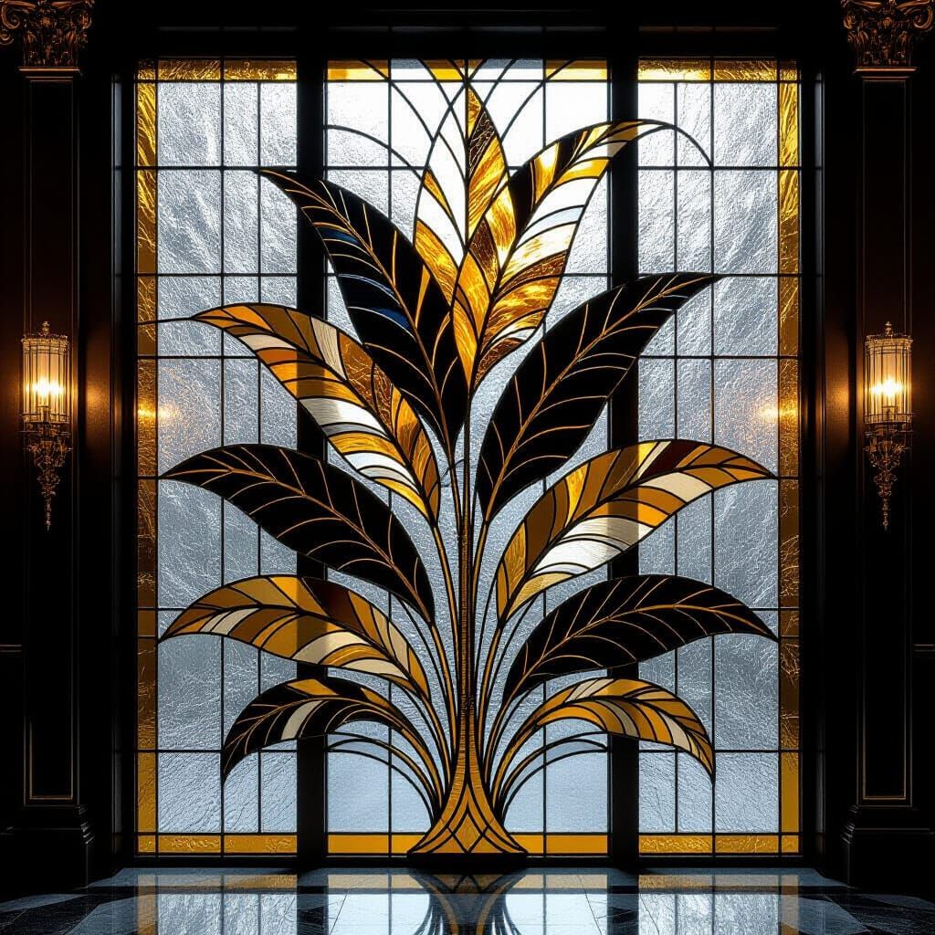 Art Deco Stained Glass Leaf Wall Art in Gold and Silver