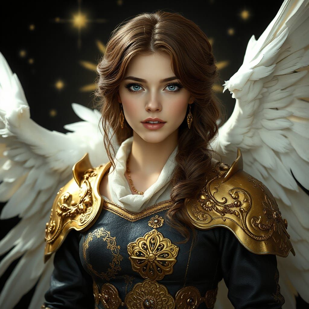 Pre-Raphaelite Angel in Black and Gold Armour