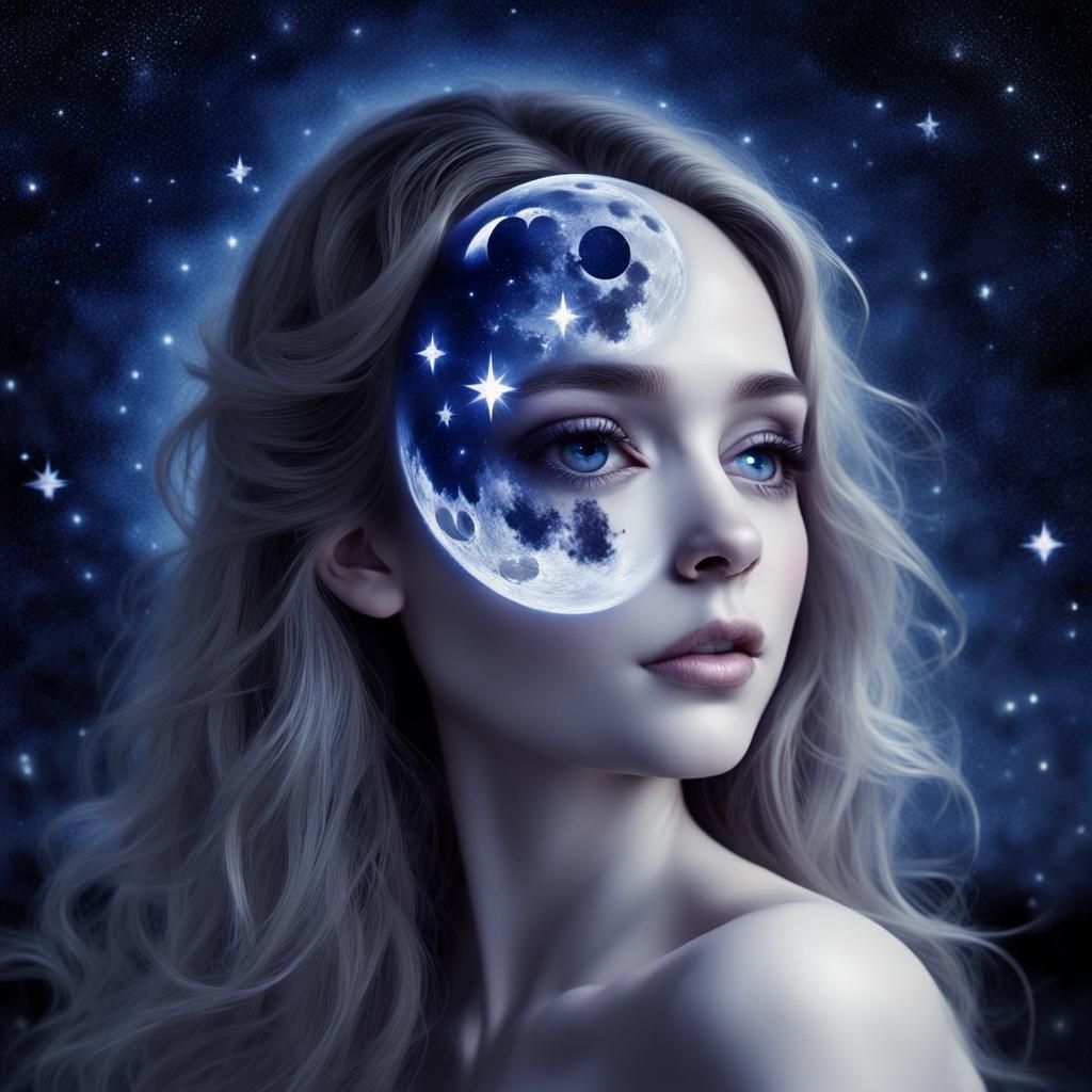 Cyberpunk Cityscape with Moon Face in Night Sky