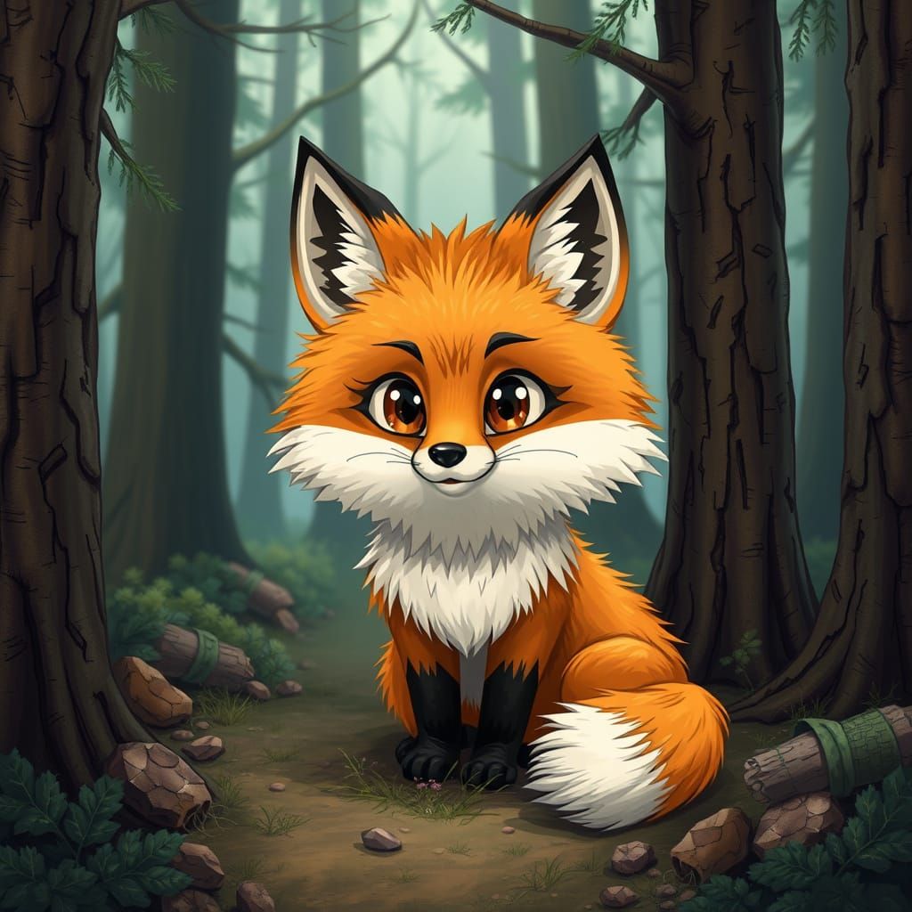 Funny Fluffy Fox in Hyperrealistic Forest