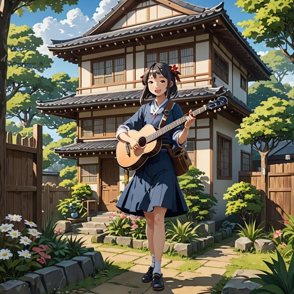Anime Girl Plays Banjo: Cel-Shaded Manga Art
