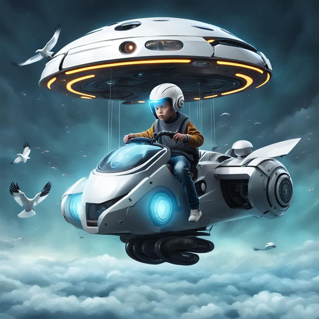 Child on Robotic Hovercraft in Futuristic Fantasy