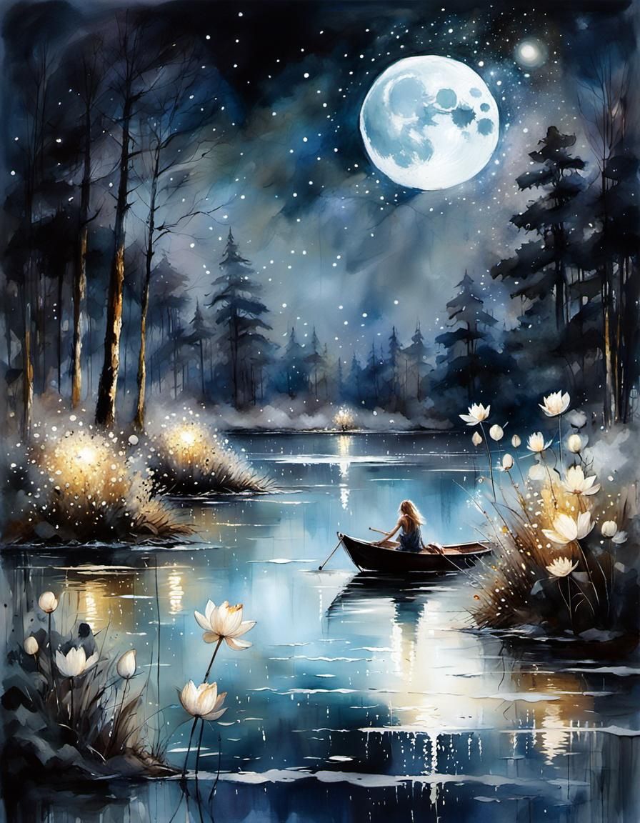 Mystic Moonlit Lake with Lotus Flowers