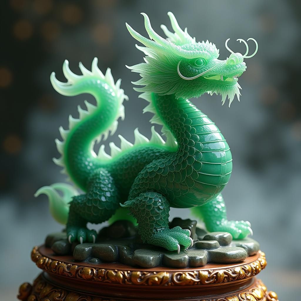 Green Jade Dragon Statue on Oak Pedestal