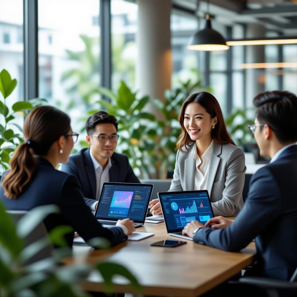 Asian Female Trainer Gives Feedback in Modern Coworking Spac...