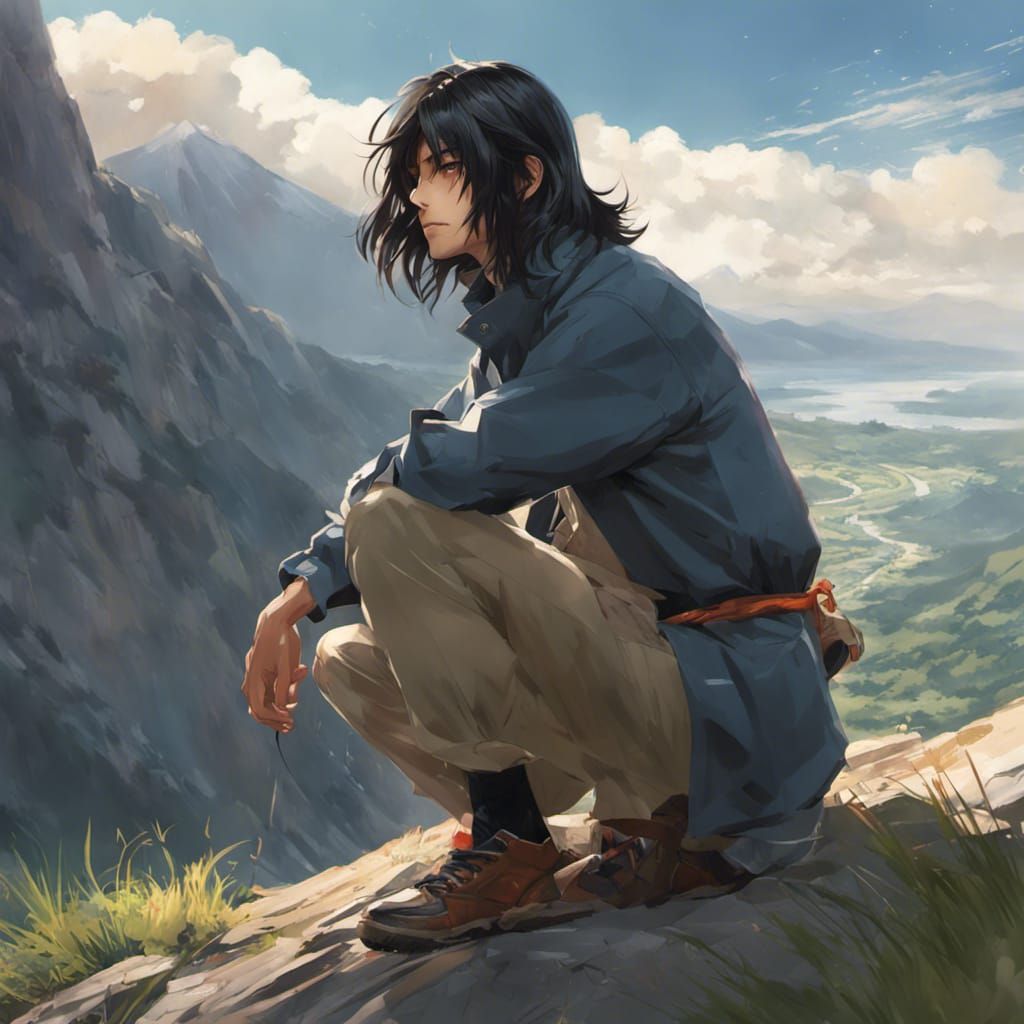 Anime Man Crouching on Mountain in Key Visual Style