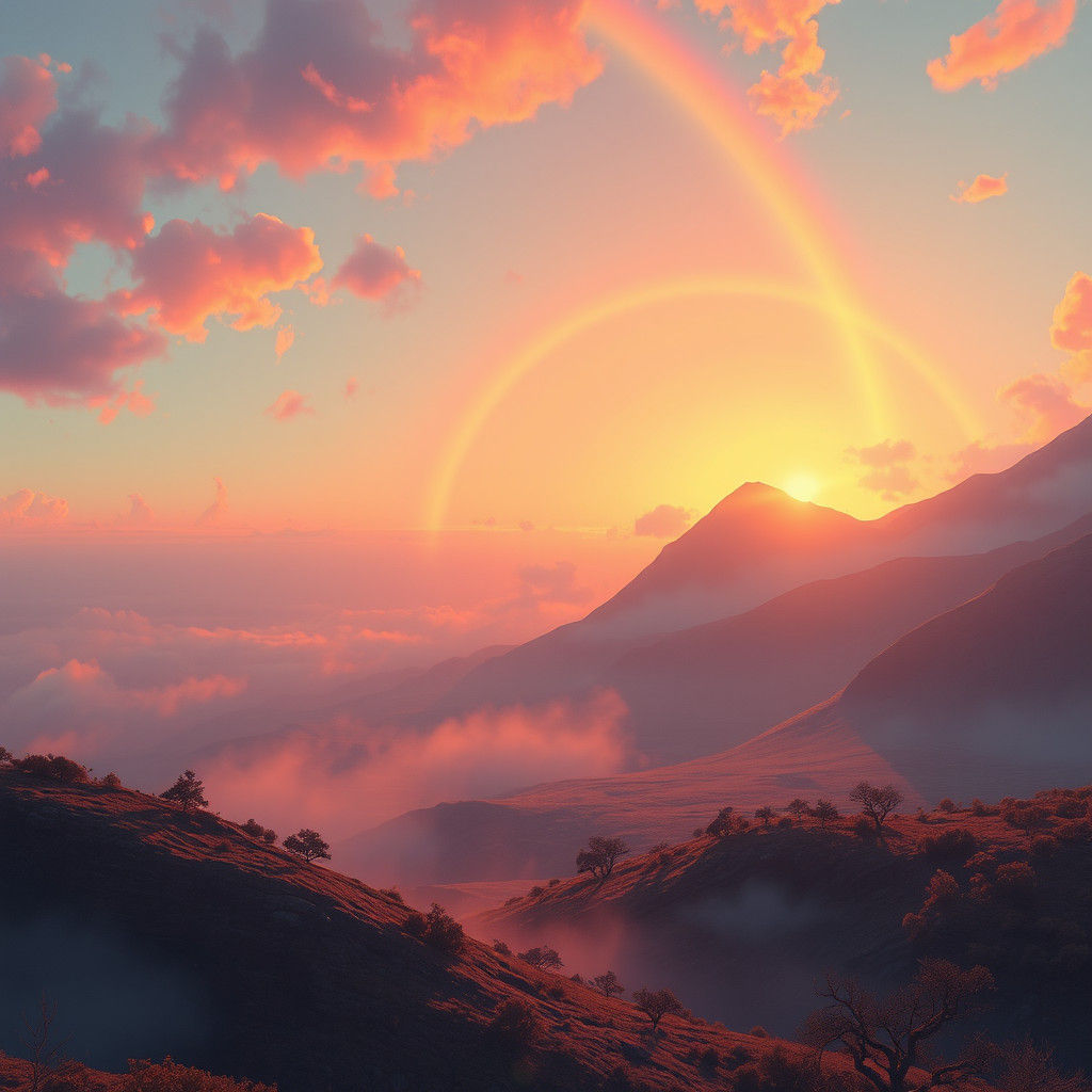 Ethereal Landscape with Rainbow Sunset in Detailed Matte Pai...