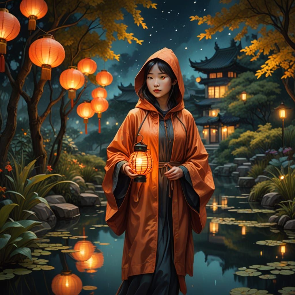 Chinese Girl Walking in a Serene Garden at Night, Digital Wa...