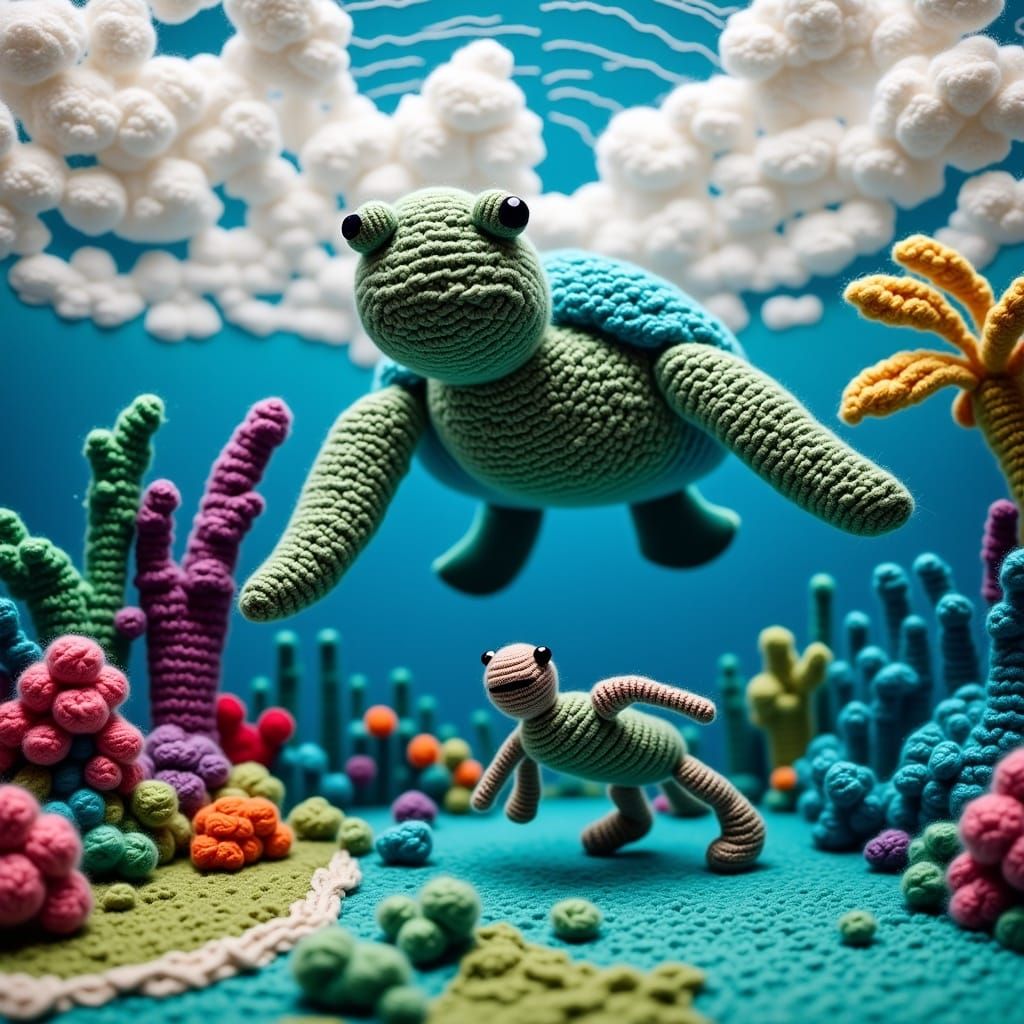 Crochet Swimmer and Giant Yarn Sea Turtle
