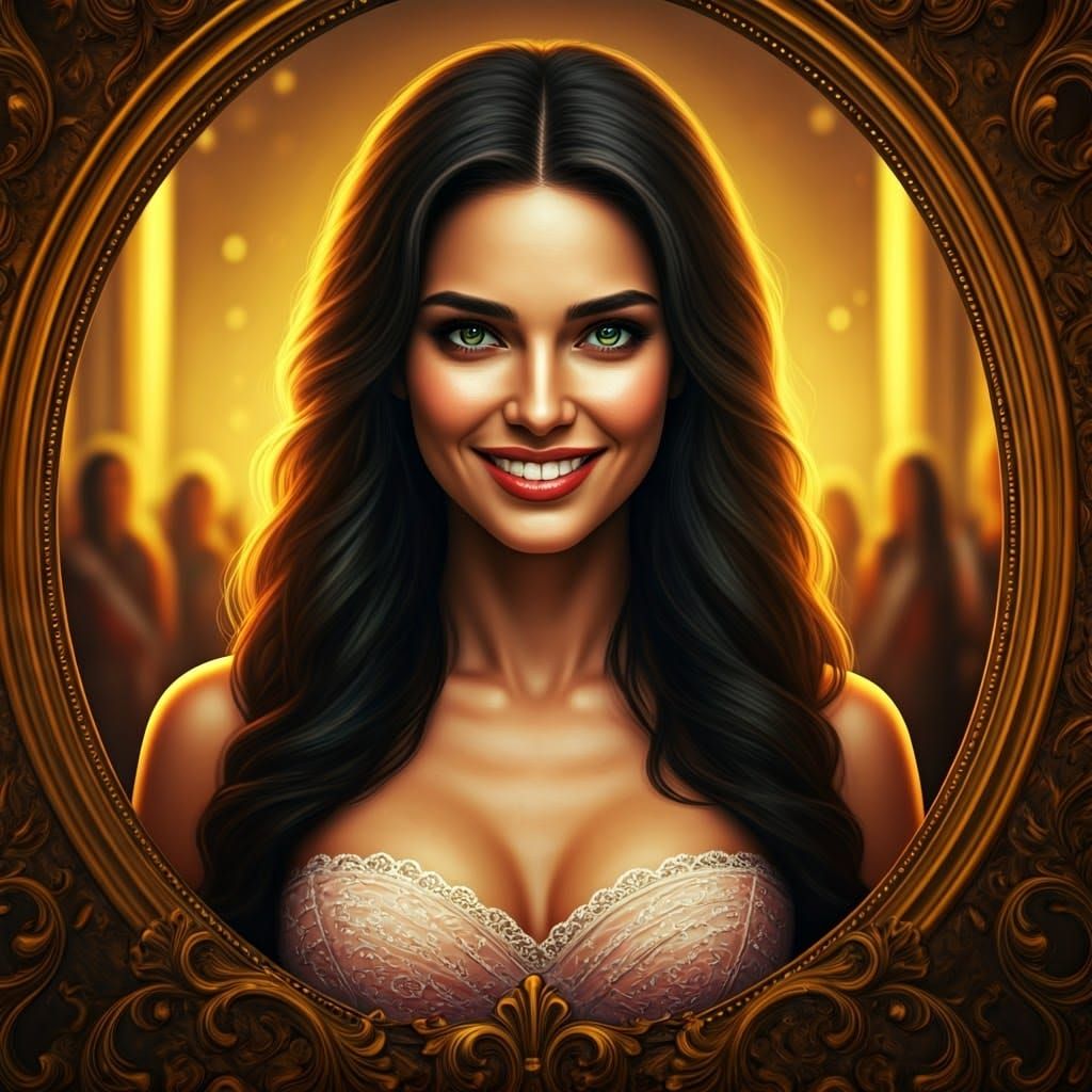 Confident Brunette Goddess in Golden Frame