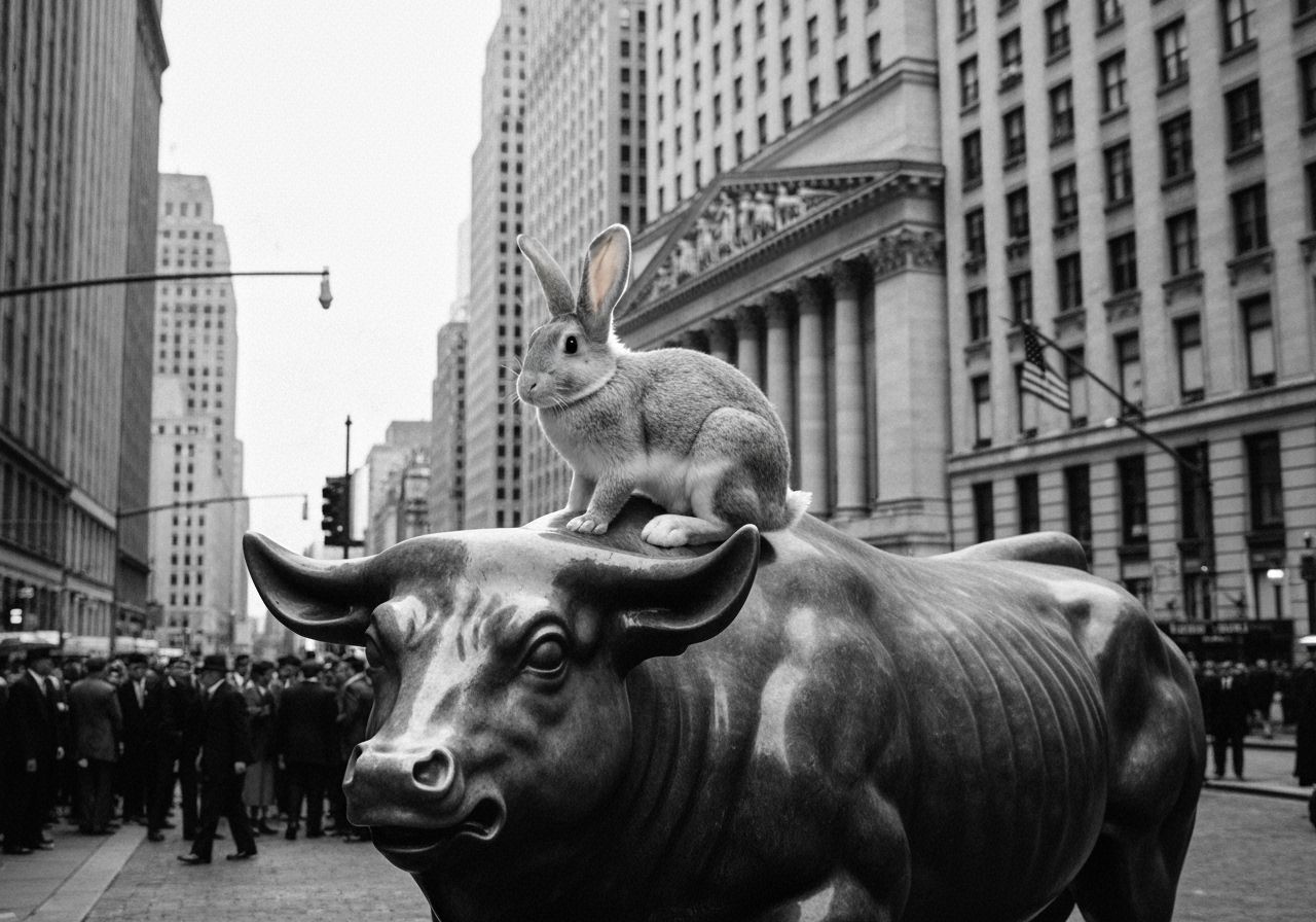 Rabbit on Wall Street Bull in Weegee Style