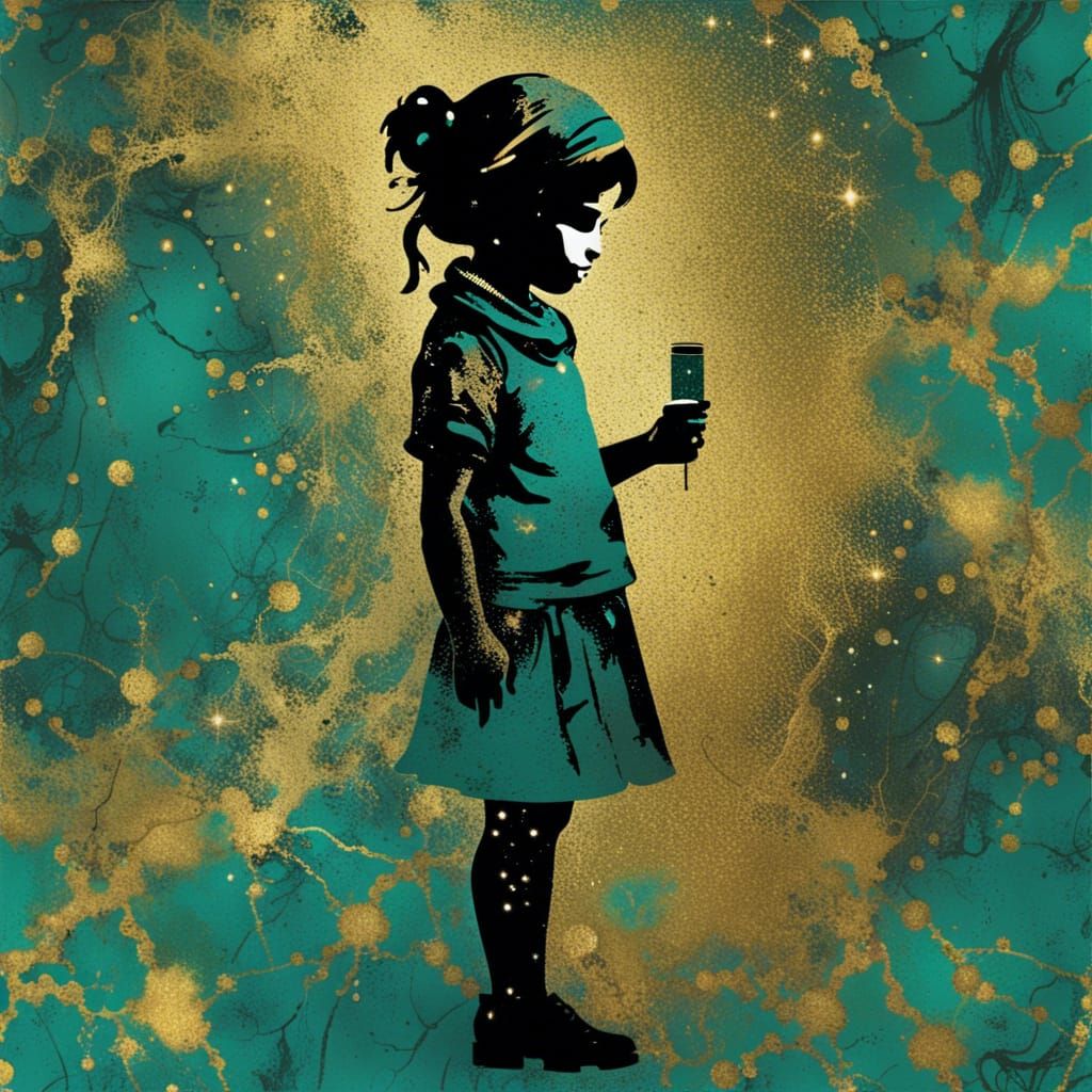 Banksy Style Girl with Nebula Marble Outfit