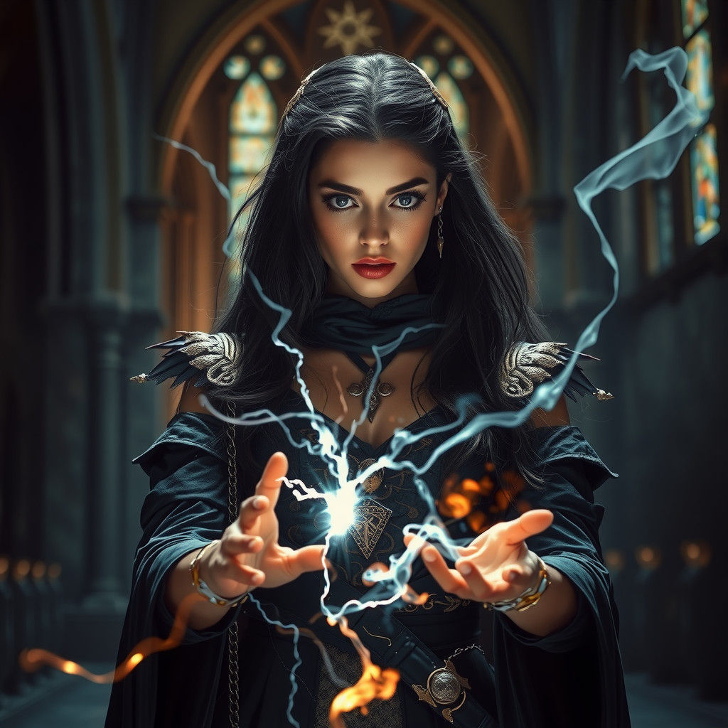 Mystique Woman Casting Spell in Gothic Cathedral