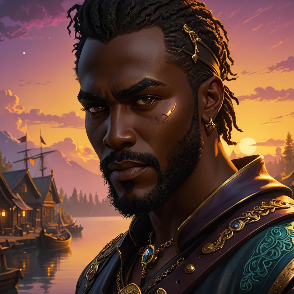 Fantasy Pirate at Dock in Aurora Borealis Twilight