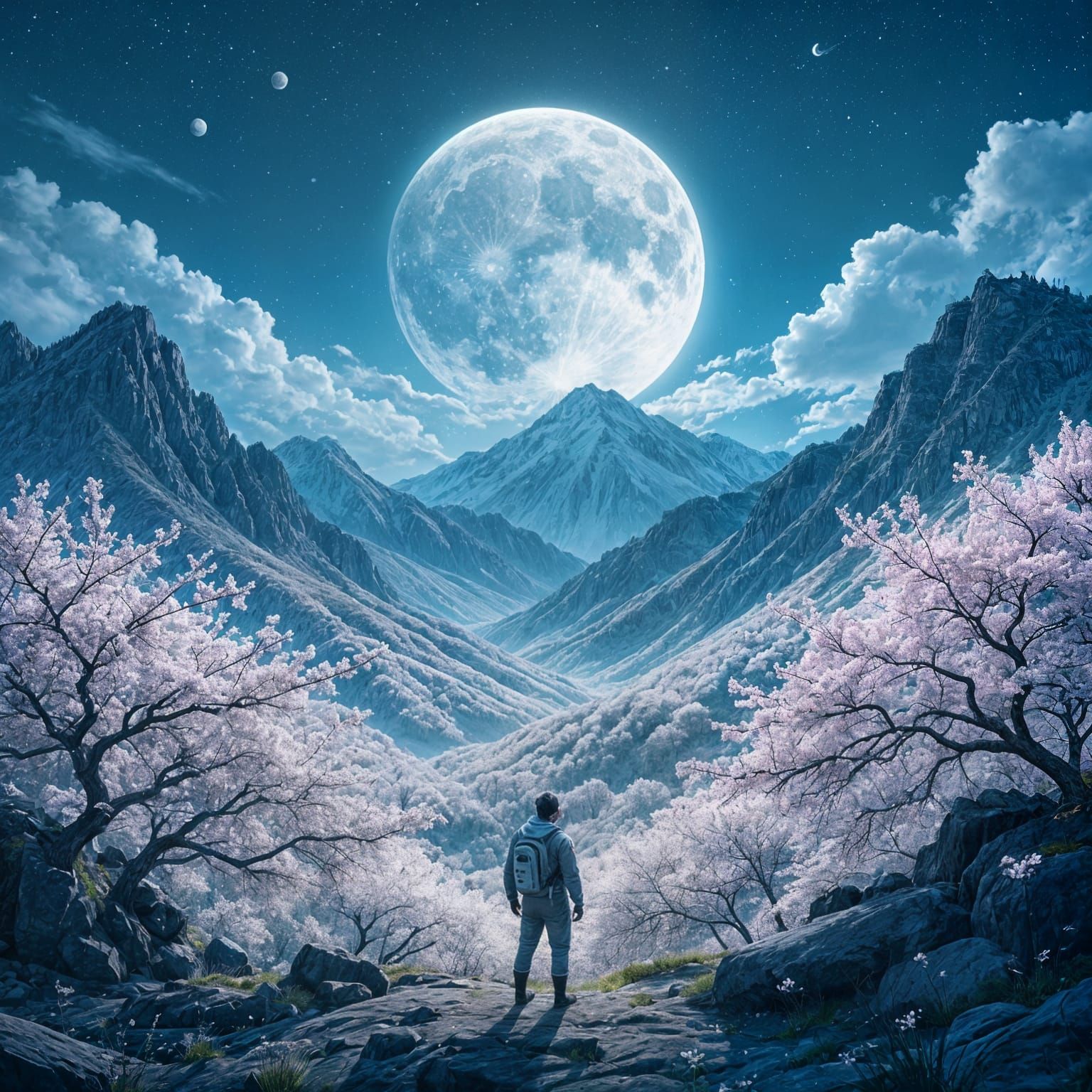 Astronaut Gazing at Bioluminescent Cherry Blossom Valley