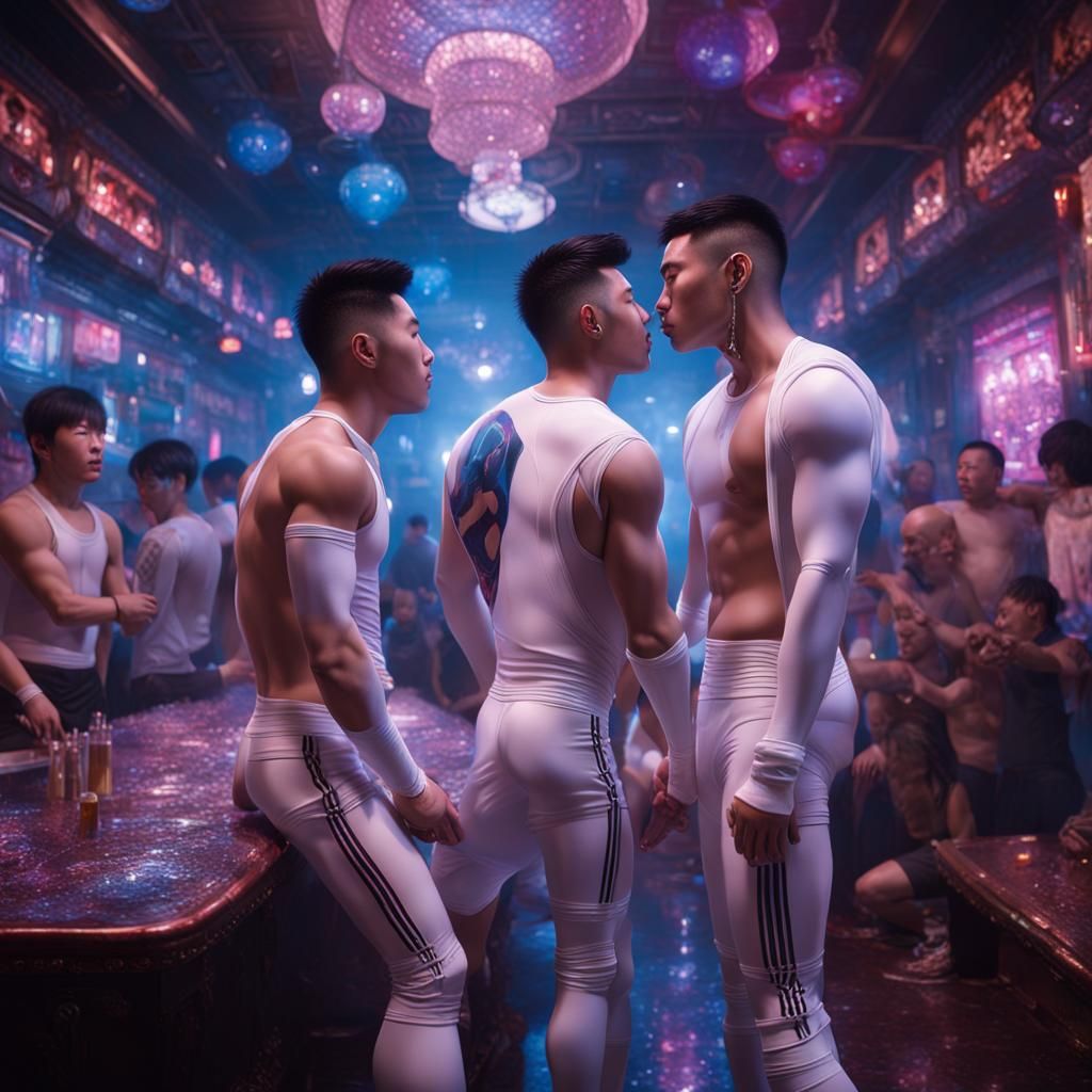 Gay Club Scene: Asian Men Kissing in Latex