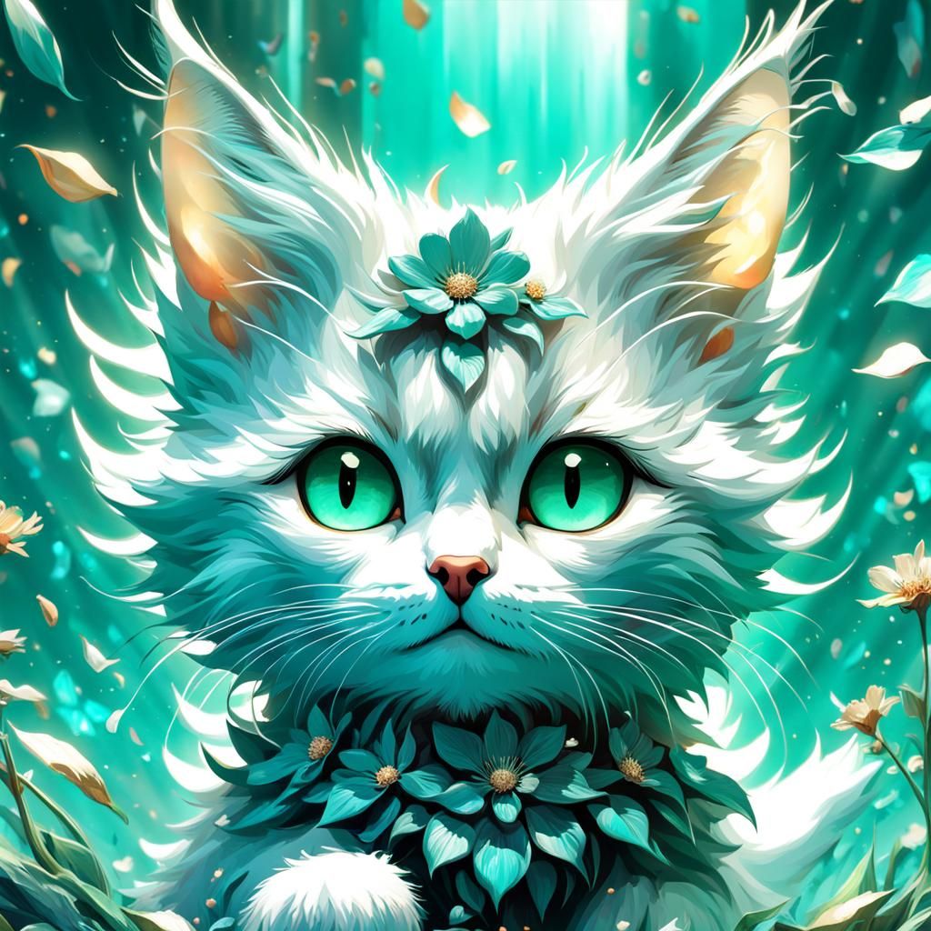 Cute Cat with Flowers in Digital Art Style