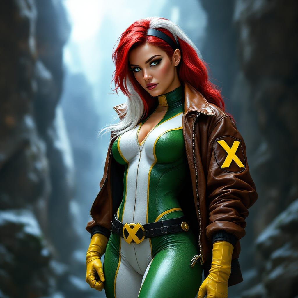 Rogue of X-Men Posing in Rocco-Green and White Costume