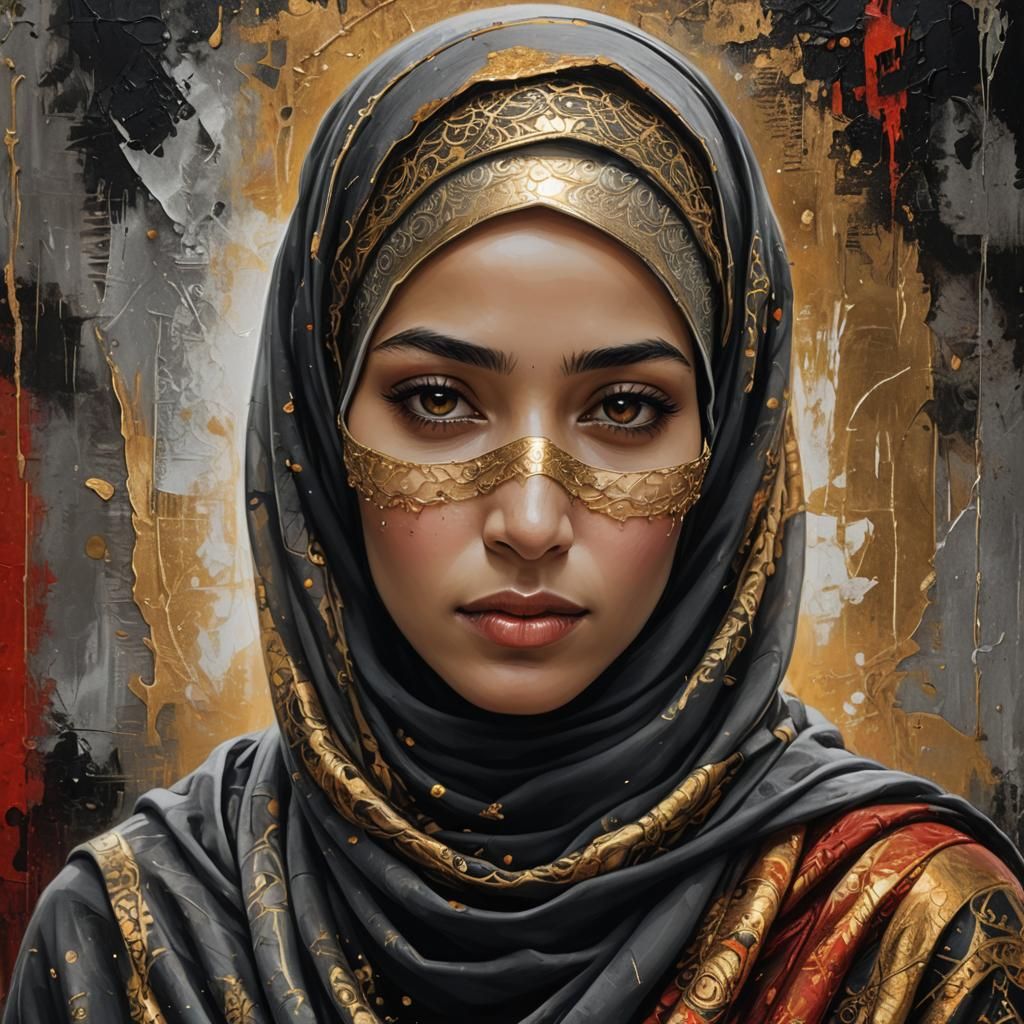 Figure in Hijab: Digital Painting with Gold Highlights