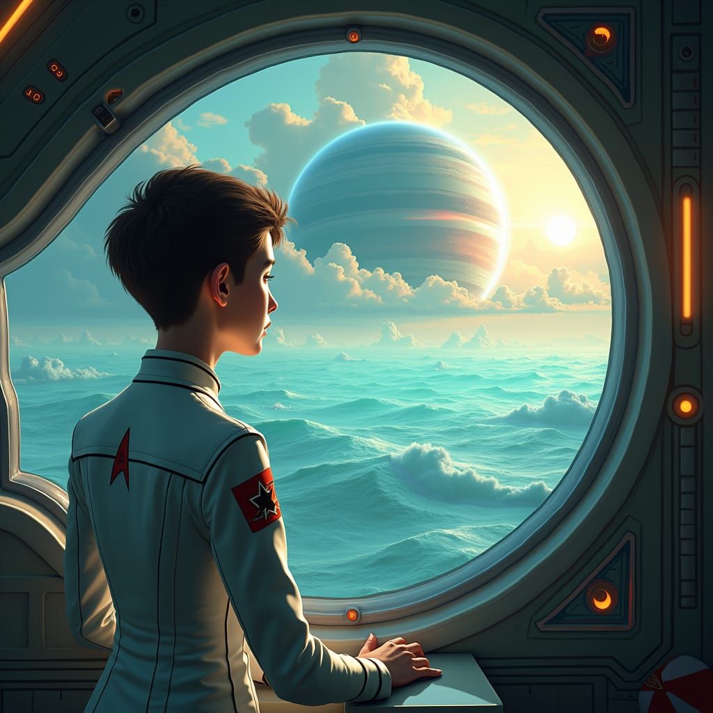Starfleet Cadet Observes Aquatic Planet in Matte Painting