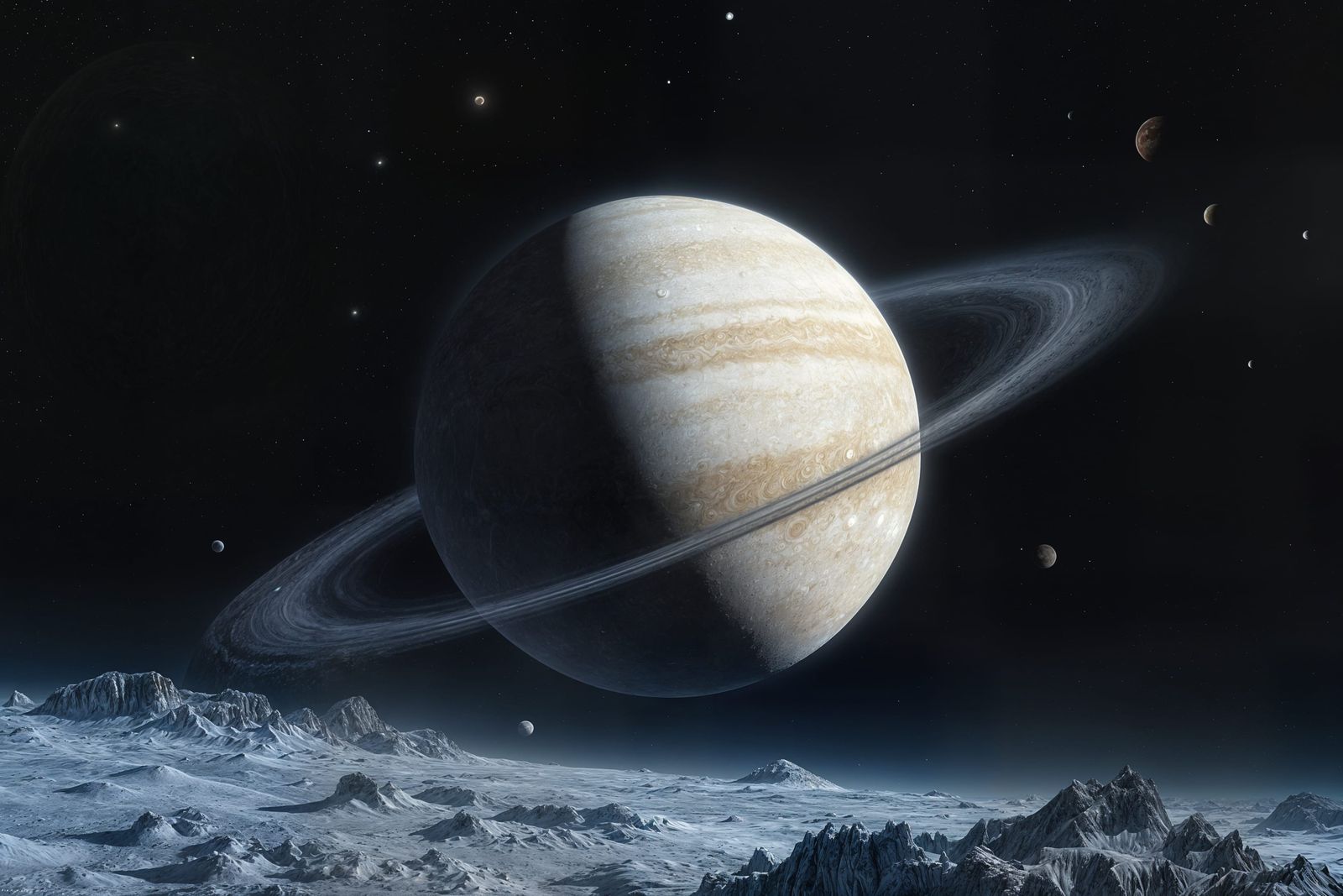 A ringed planet as seen from its icy moon