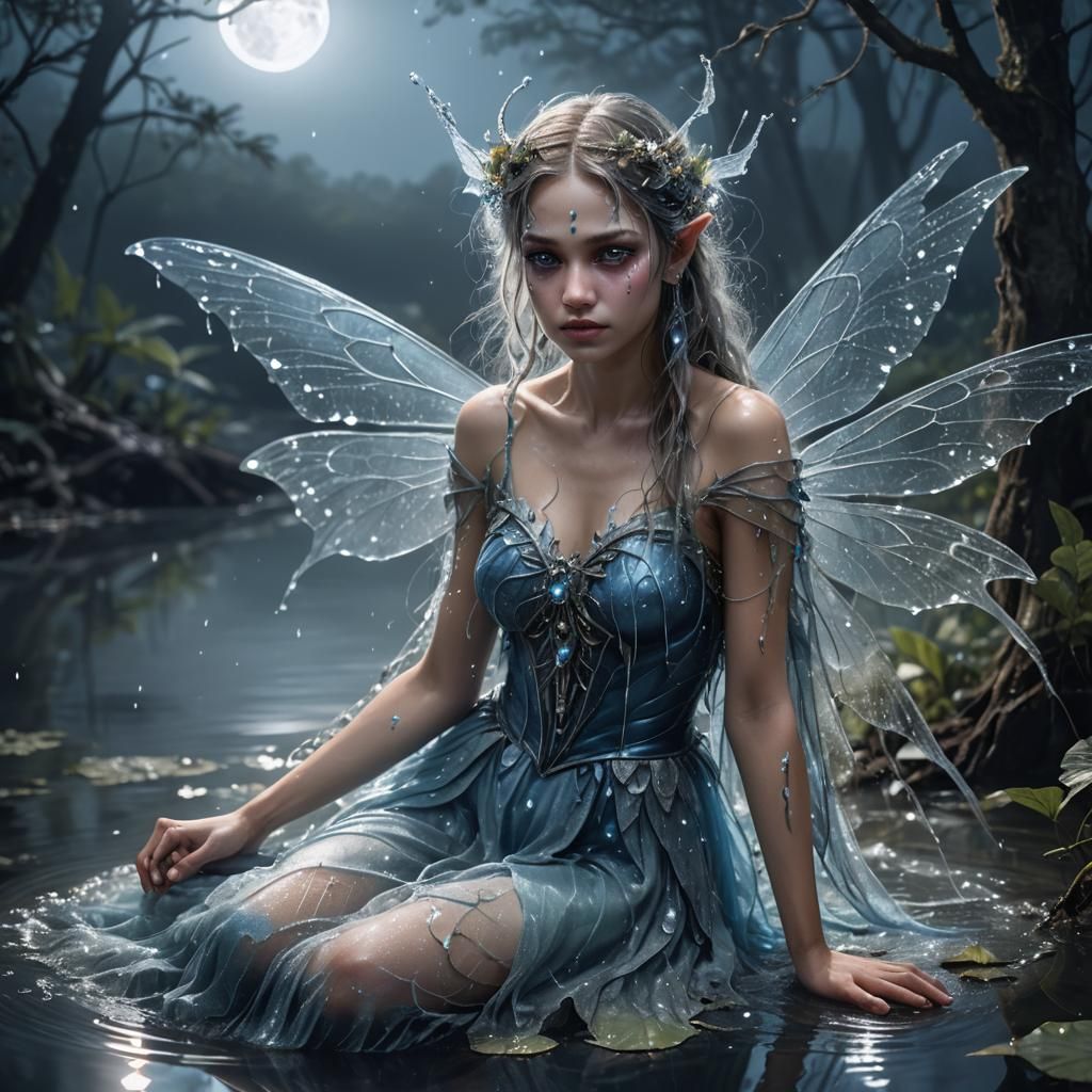 Water Fairy with Spiderweb Wings in Forest