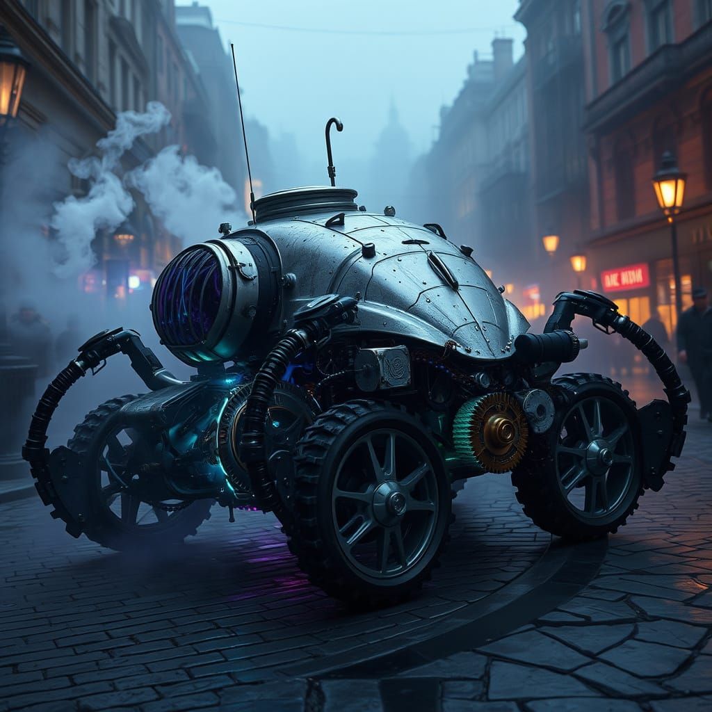 Dieselpunk Spider Tank in Retrofuturist Cityscape